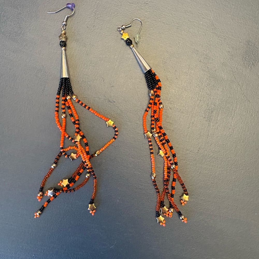 Beaded Tassel Earrings in Orange and Black